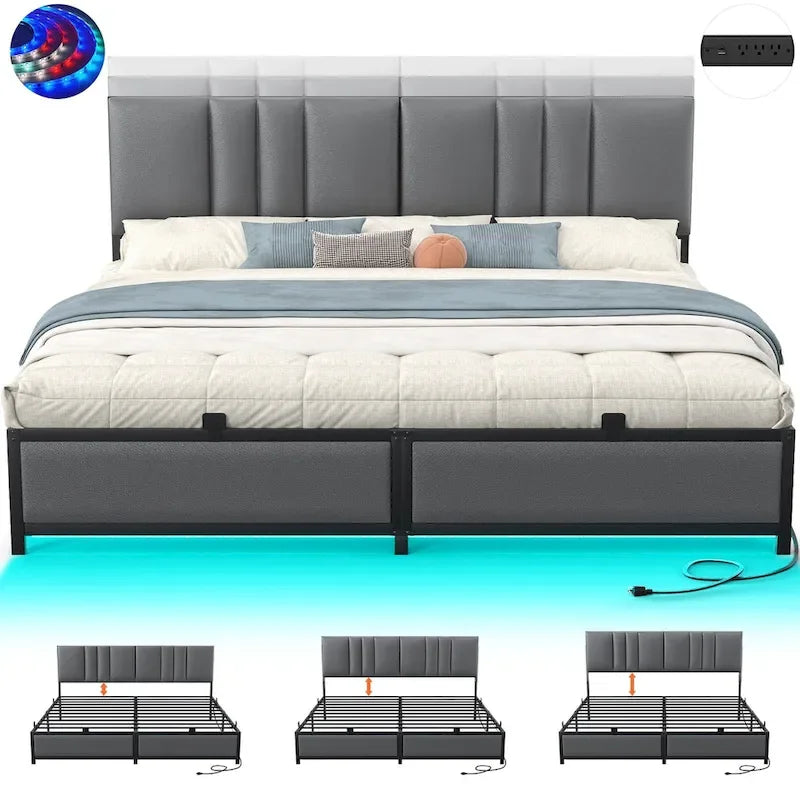 Upholstered Bed Frame with Height Adjustable Headboard,with RGB LED Light and Charging Hub
