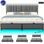 Upholstered Bed Frame with Height Adjustable Headboard,with RGB LED Light and Charging Hub