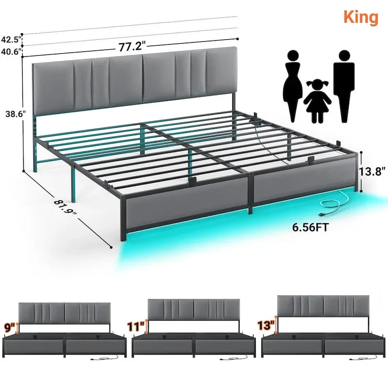 Upholstered Bed Frame with Height Adjustable Headboard,with RGB LED Light and Charging Hub
