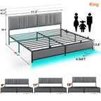 Upholstered Bed Frame with Height Adjustable Headboard,with RGB LED Light and Charging Hub