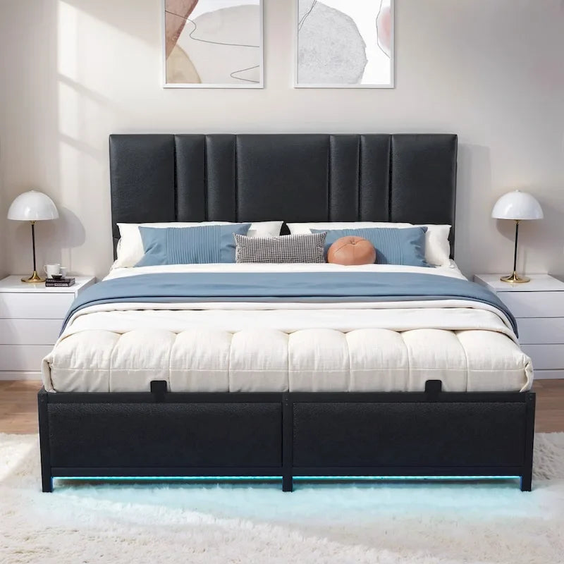 Upholstered Bed Frame with Height Adjustable Headboard,with RGB LED Light and Charging Hub