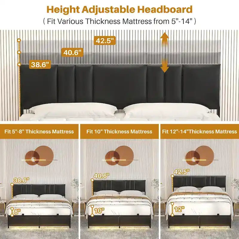 Upholstered Bed Frame with Height Adjustable Headboard,with RGB LED Light and Charging Hub