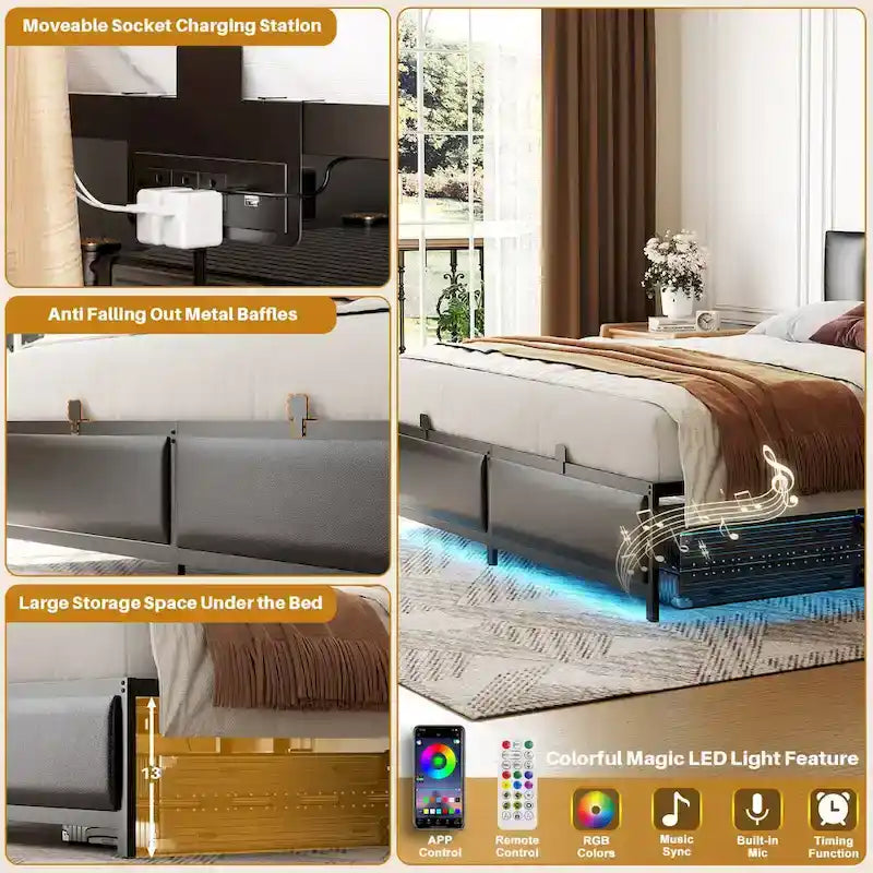 Upholstered Bed Frame with Height Adjustable Headboard,with RGB LED Light and Charging Hub