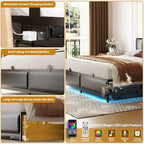 Upholstered Bed Frame with Height Adjustable Headboard,with RGB LED Light and Charging Hub