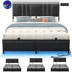 Upholstered Bed Frame with Height Adjustable Headboard,with RGB LED Light and Charging Hub