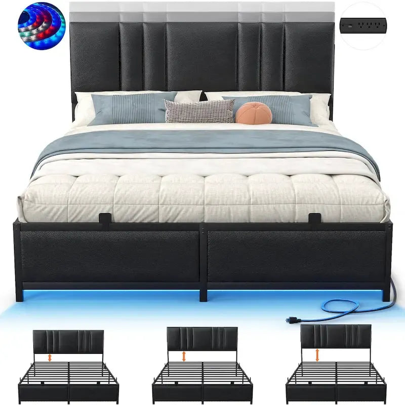 Upholstered Bed Frame with Height Adjustable Headboard,with RGB LED Light and Charging Hub
