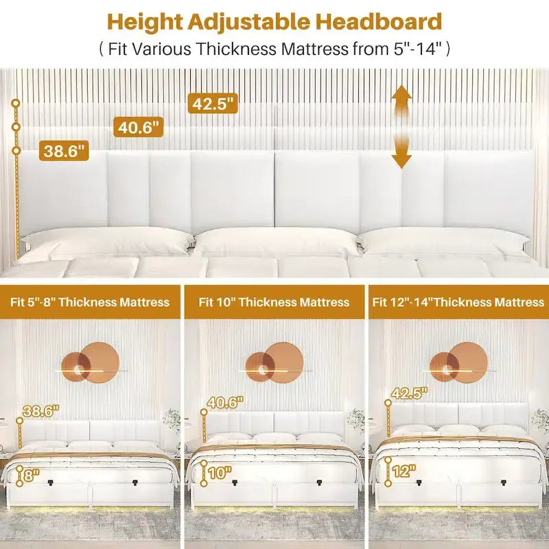 Upholstered Bed Frame with Height Adjustable Headboard,with RGB LED Light and Charging Hub