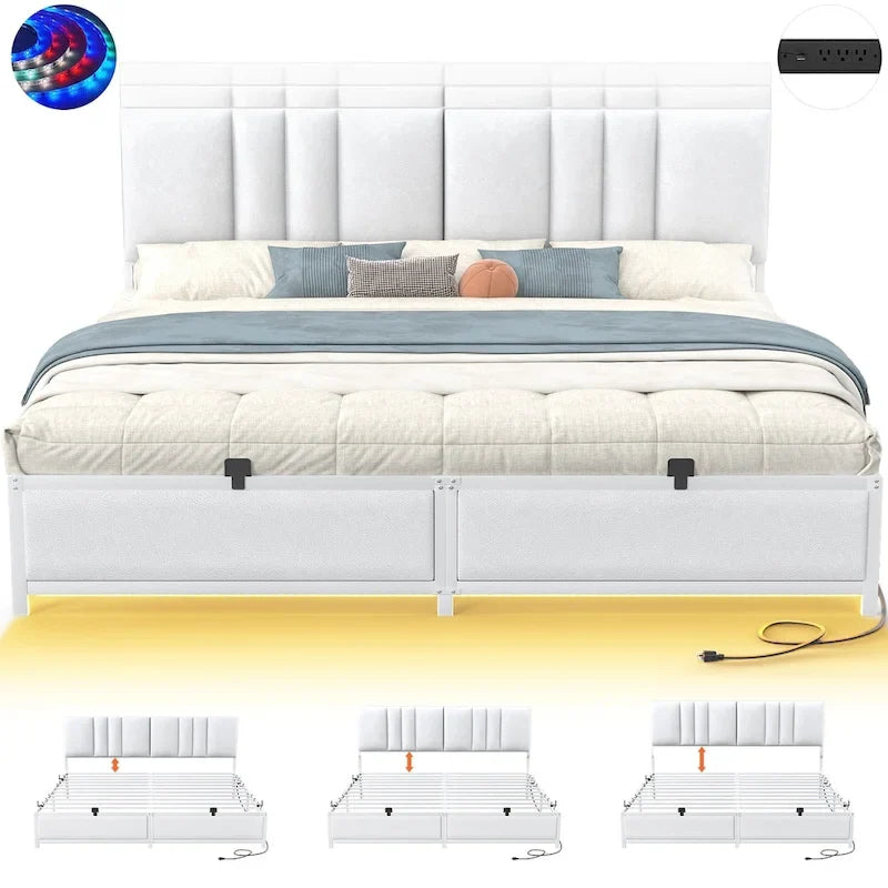 Upholstered Bed Frame with Height Adjustable Headboard,with RGB LED Light and Charging Hub
