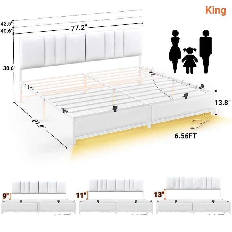 Upholstered Bed Frame with Height Adjustable Headboard,with RGB LED Light and Charging Hub