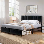 Upholstered Bed Frame with Height Adjustable Headboard,with RGB LED Light and Charging Hub