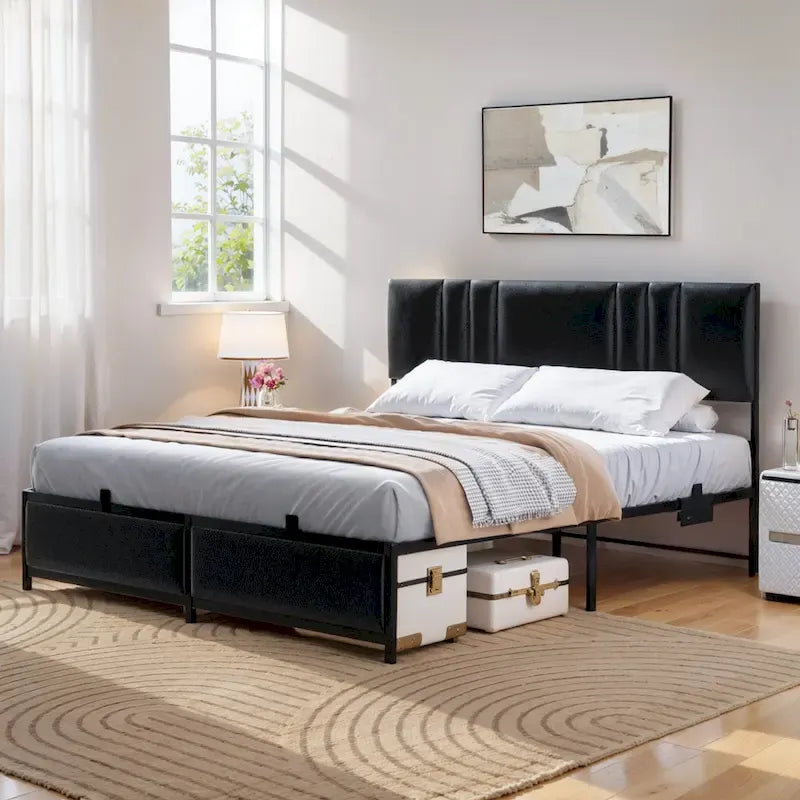 Upholstered Bed Frame with Height Adjustable Headboard,with RGB LED Light and Charging Hub