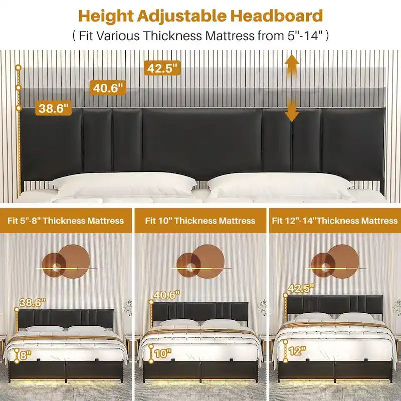 Upholstered Bed Frame with Height Adjustable Headboard,with RGB LED Light and Charging Hub