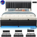 Upholstered Bed Frame with Height Adjustable Headboard,with RGB LED Light and Charging Hub