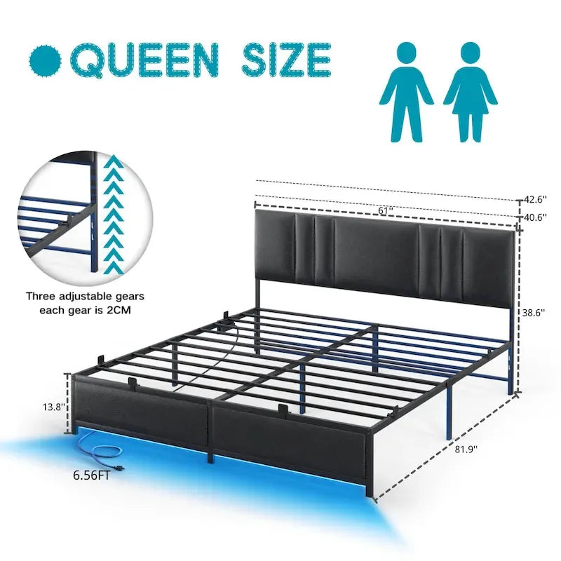 Upholstered Bed Frame with Height Adjustable Headboard,with RGB LED Light and Charging Hub
