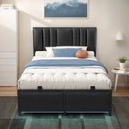 Upholstered Bed Frame with Height Adjustable Headboard,with RGB LED Light and Charging Hub