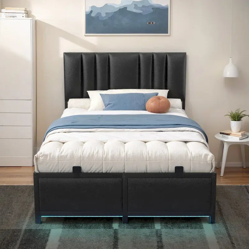 Upholstered Bed Frame with Height Adjustable Headboard,with RGB LED Light and Charging Hub