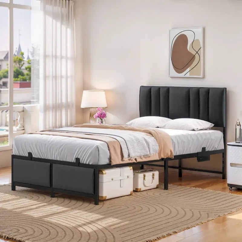 Upholstered Bed Frame with Height Adjustable Headboard,with RGB LED Light and Charging Hub
