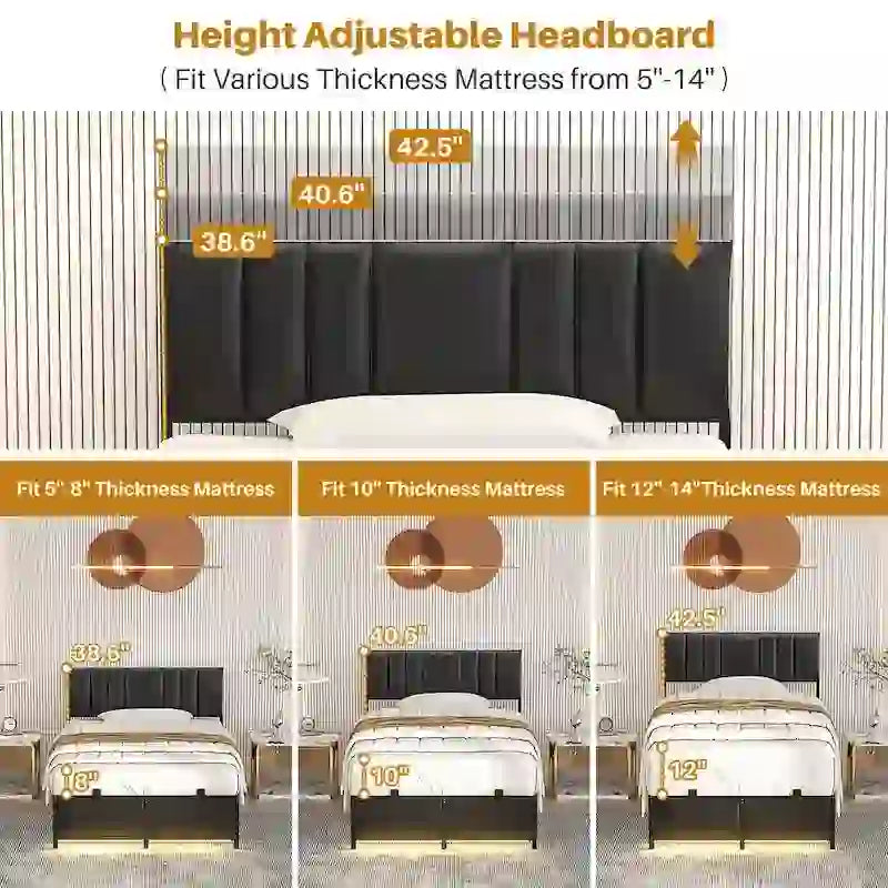 Upholstered Bed Frame with Height Adjustable Headboard,with RGB LED Light and Charging Hub