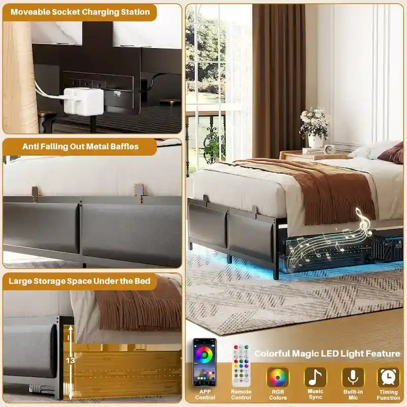 Upholstered Bed Frame with Height Adjustable Headboard,with RGB LED Light and Charging Hub