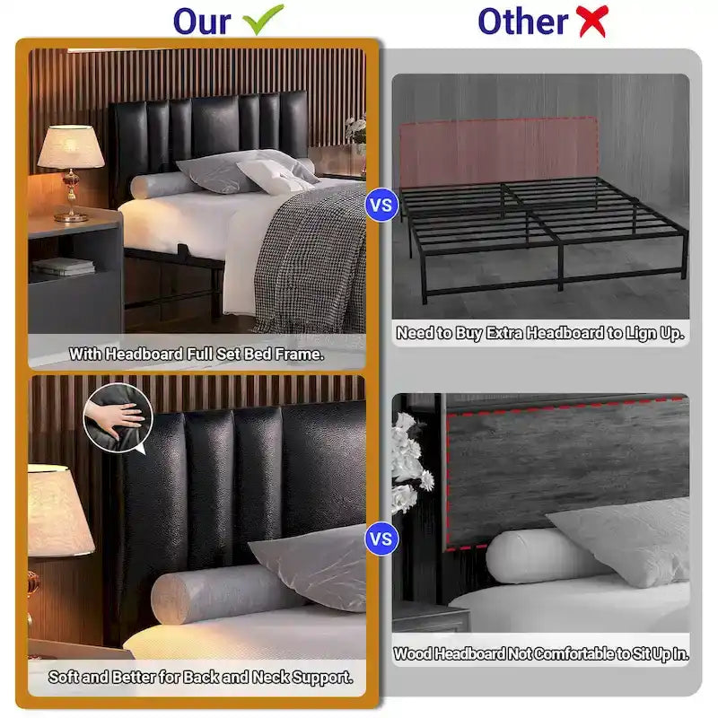 Upholstered Bed Frame with Height Adjustable Headboard,with RGB LED Light and Charging Hub