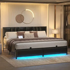 Upholstered Bed Frame with Height Adjustable Headboard,with RGB LED Light and Charging Hub