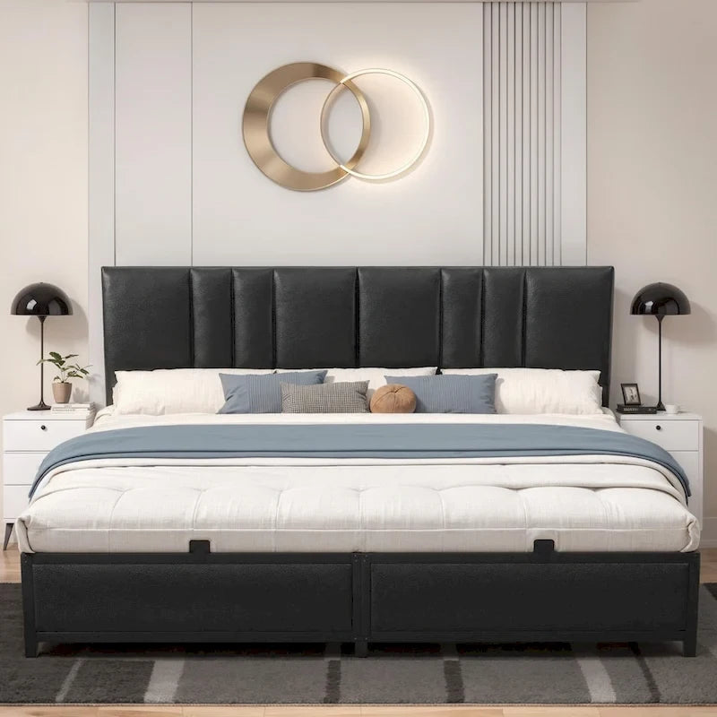 Upholstered Bed Frame with Height Adjustable Headboard,with RGB LED Light and Charging Hub