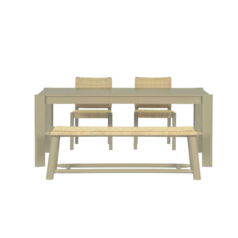 Farmhouse Wood Dining Set of 4, Extendable Kitchen Table Set with 2 Curved Backrest Chairs and Rattan Bench for 4-8 Guests