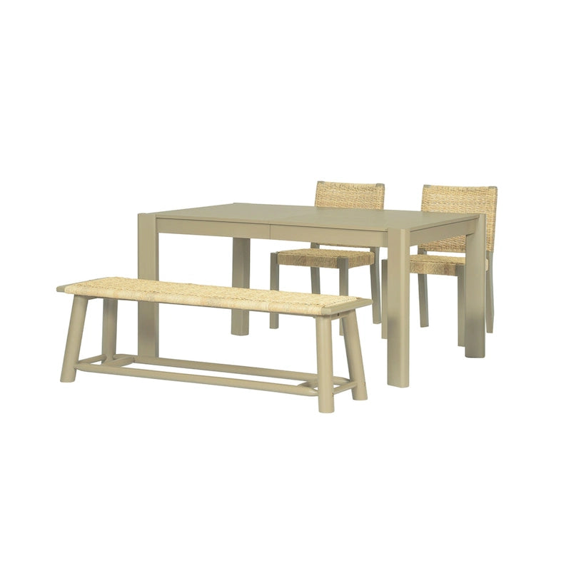 Farmhouse Wood Dining Set of 4, Extendable Kitchen Table Set with 2 Curved Backrest Chairs and Rattan Bench for 4-8 Guests