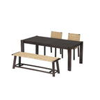 Farmhouse Wood Dining Set of 4, Extendable Kitchen Table Set with 2 Curved Backrest Chairs and Rattan Bench for 4-8 Guests