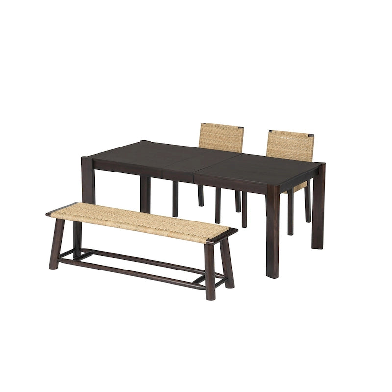 Farmhouse Wood Dining Set of 4, Extendable Kitchen Table Set with 2 Curved Backrest Chairs and Rattan Bench for 4-8 Guests