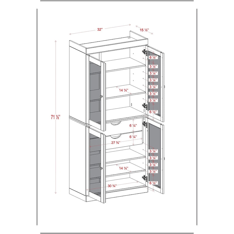 Palace Imports 100% Solid Wood Pantry Cabinet with Frosted Glass Doors, 2-Drawers and Adjustable Shelves - 32 x 71.5