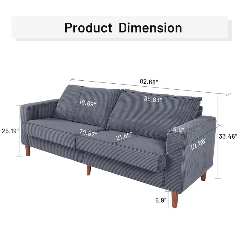 82.68 in. L Corduroy Mid-Century Modern Rectangle 2-Seater Loveseat with Square Arm