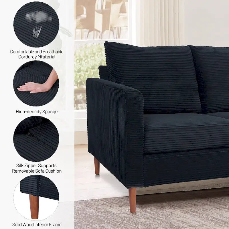 82.68 in. L Corduroy Mid-Century Modern Rectangle 2-Seater Loveseat with Square Arm