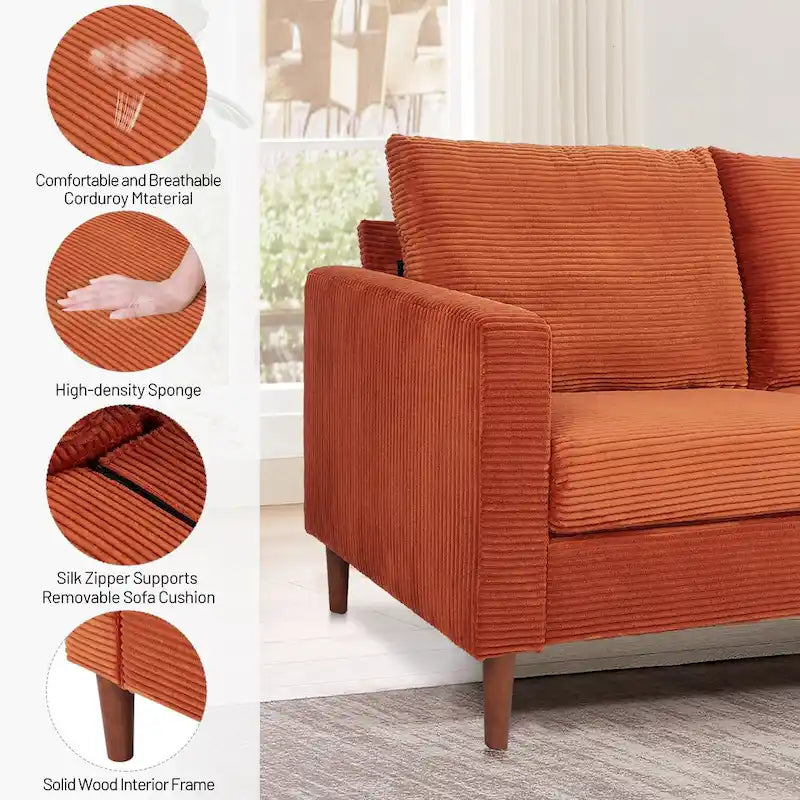 82.68 in. L Corduroy Mid-Century Modern Rectangle 2-Seater Loveseat with Square Arm