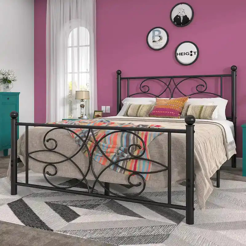 VECELO Metal Bed Frame with High Headboard and Footboard, Platform Beds with Heavy Duty Mattress Foundation