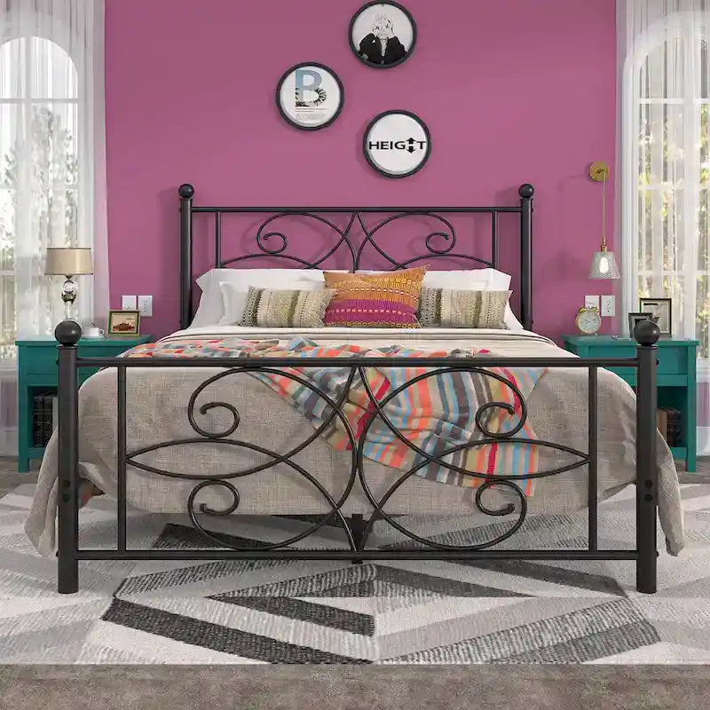 VECELO Metal Bed Frame with High Headboard and Footboard, Platform Beds with Heavy Duty Mattress Foundation