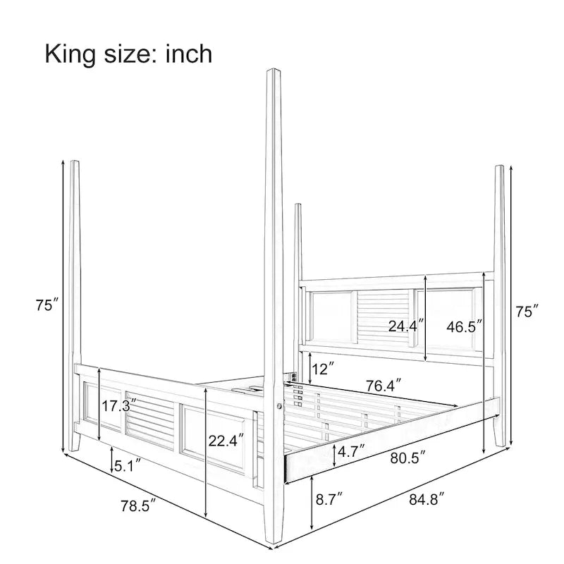 King Size Solid Pine Four-Poster Bed with 75 Tall Traditional Canopy Bed Frame
