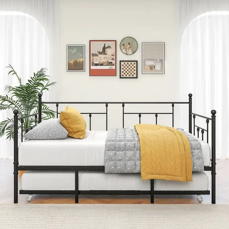 Modern Style Twin Size Metal Daybed with Trundle for Kids or Guest for Bedroom