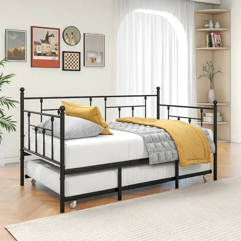 Modern Style Twin Size Metal Daybed with Trundle for Kids or Guest for Bedroom