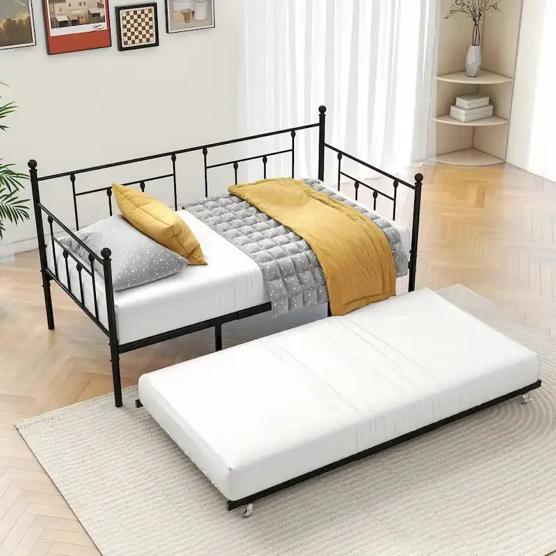 Modern Style Twin Size Metal Daybed with Trundle for Kids or Guest for Bedroom