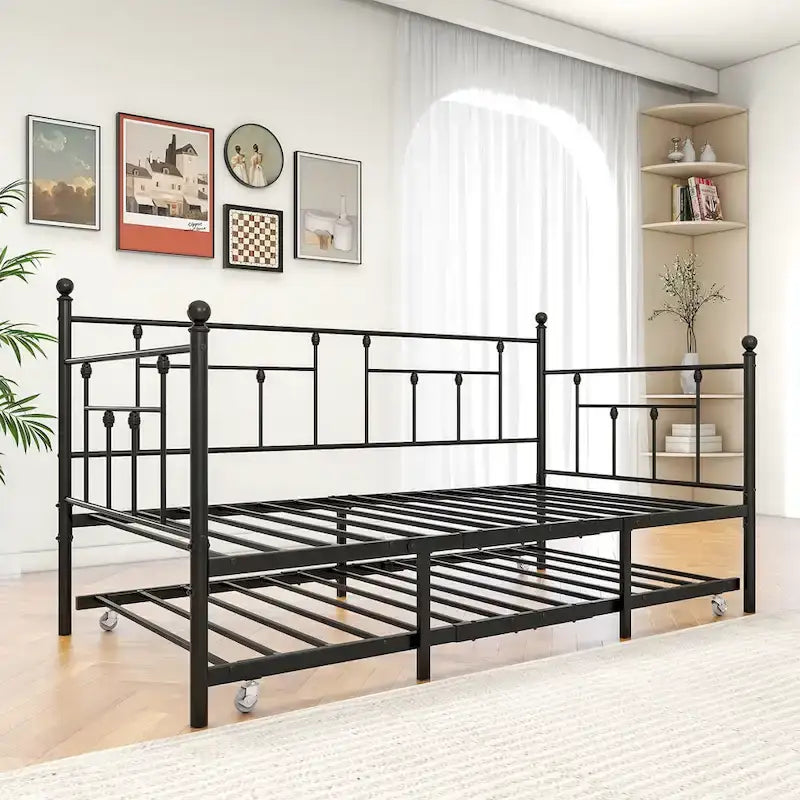 Modern Style Twin Size Metal Daybed with Trundle for Kids or Guest for Bedroom