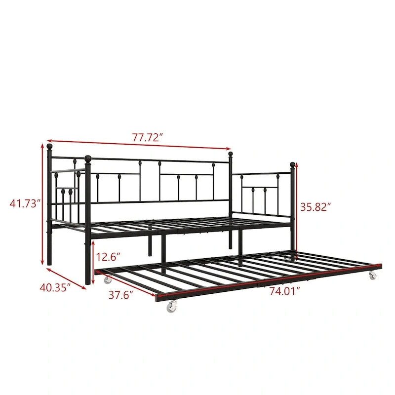 Modern Style Twin Size Metal Daybed with Trundle for Kids or Guest for Bedroom