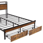 Queen Size Metal Platform Bed with LED Lights and Wooden Headboard