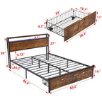 Queen Size Metal Platform Bed with LED Lights and Wooden Headboard