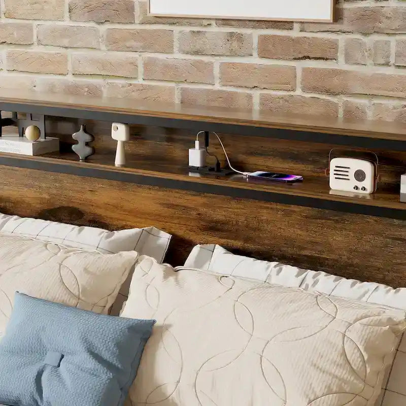 Queen Size Platform Bed with Storage Headboard and LED