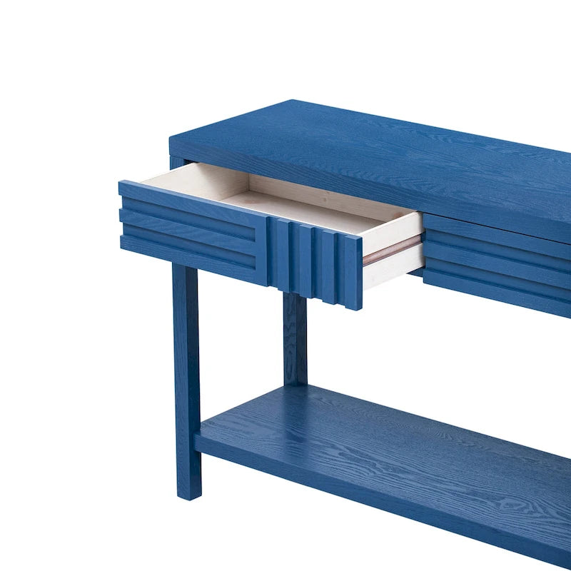 51.3 MDF Classic Stripe Console Table - Ash Veneer & Fir Wood Legs with 2 Drawers