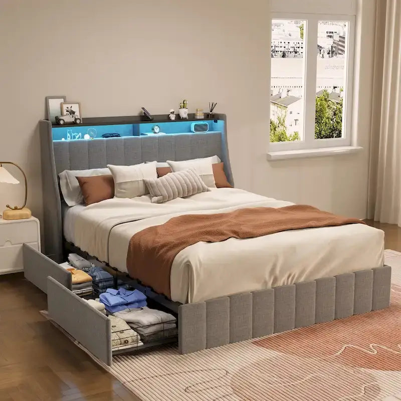 Light Grey Full Size Platform Bed with LED and Storage Drawers