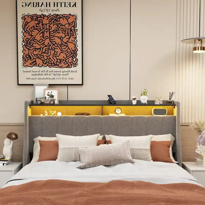Light Grey Full Size Platform Bed with LED and Storage Drawers