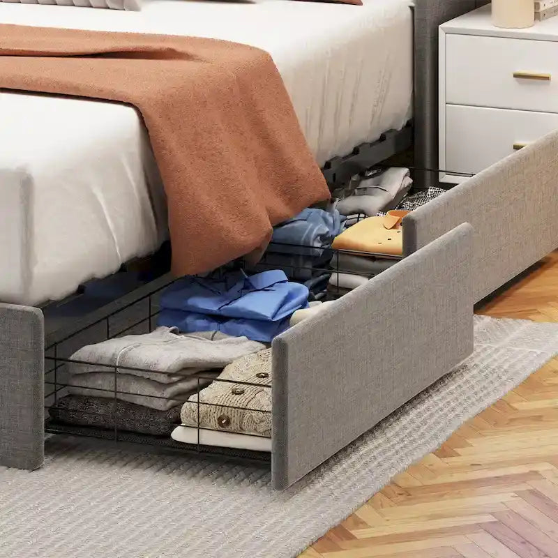 Light Grey Full Size Platform Bed with LED and Storage Drawers