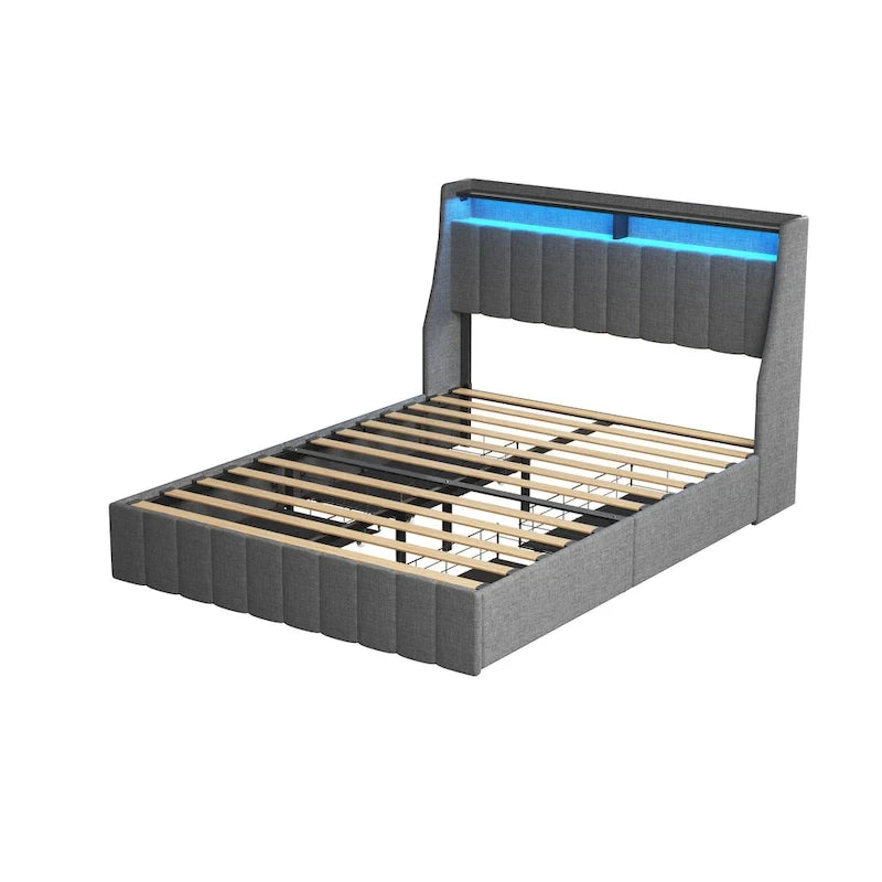 Light Grey Full Size Platform Bed with LED and Storage Drawers